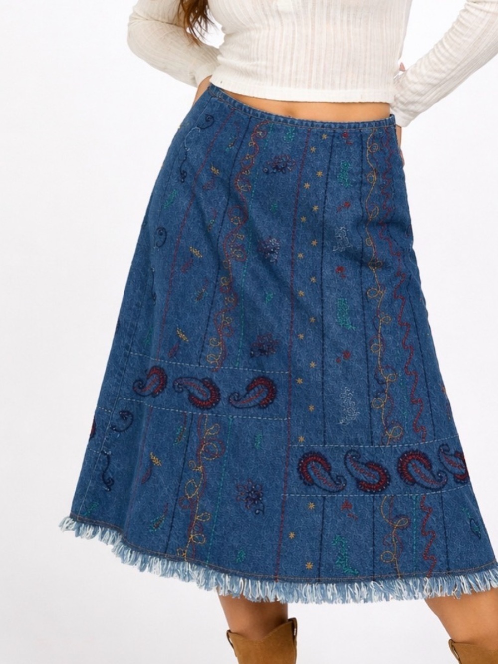 Hearts of Palm maxi skirt jean/denim embroidered floral BoHo/Western look SZ 6
